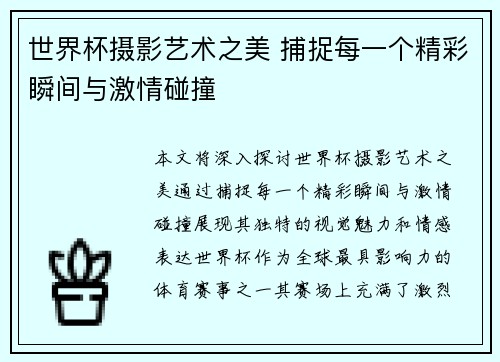 世界杯摄影艺术之美 捕捉每一个精彩瞬间与激情碰撞